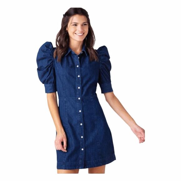 FRAME Gillian Puff Sleeve Denim Dress Mini Button Front XS - Picture 1 of 8